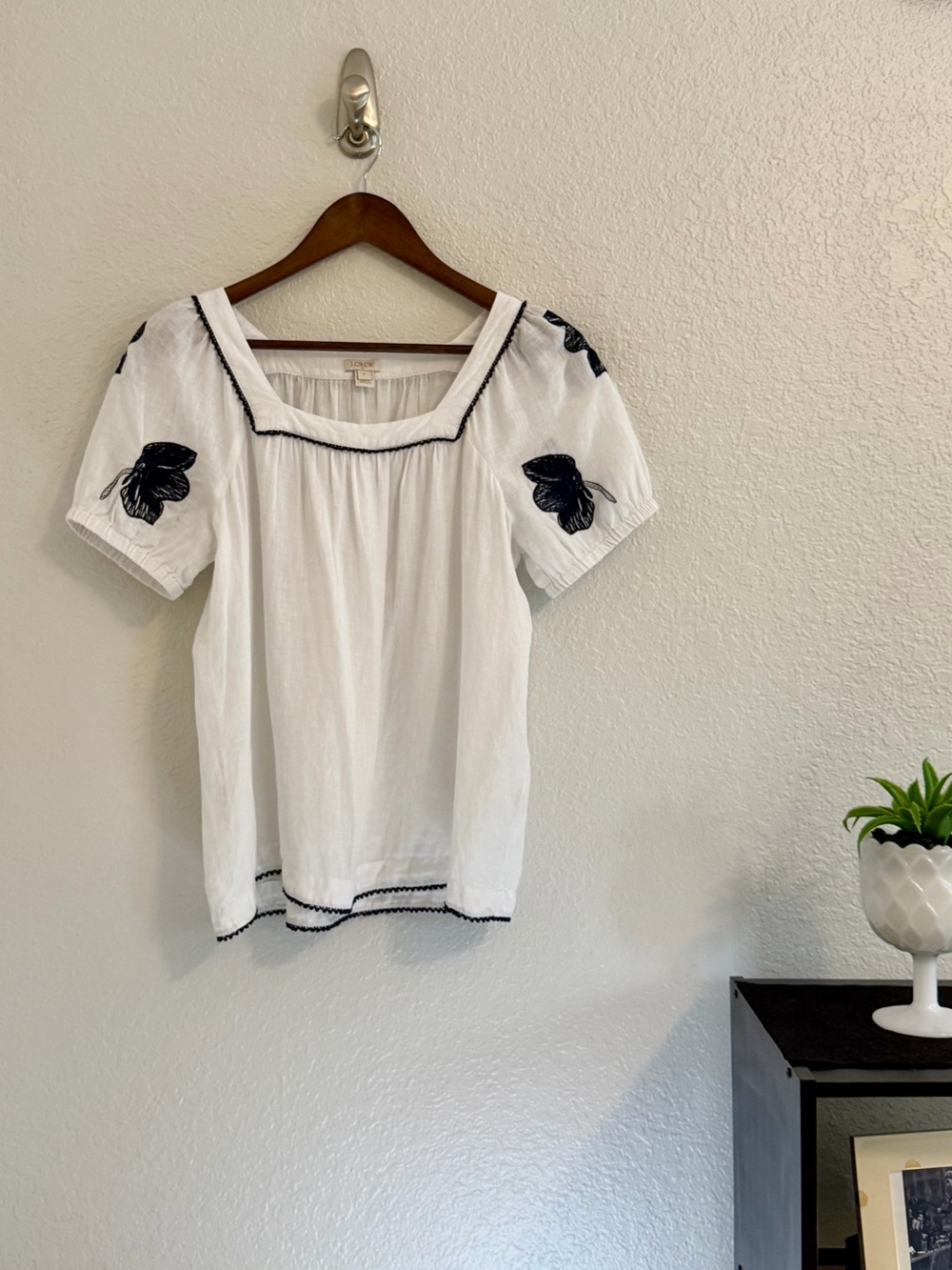 J. Crew Linen White Peasant Top with Navy Butterfly Embroidery